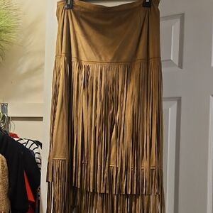 Chico's Asymmetrical Tan Fringe Skirt